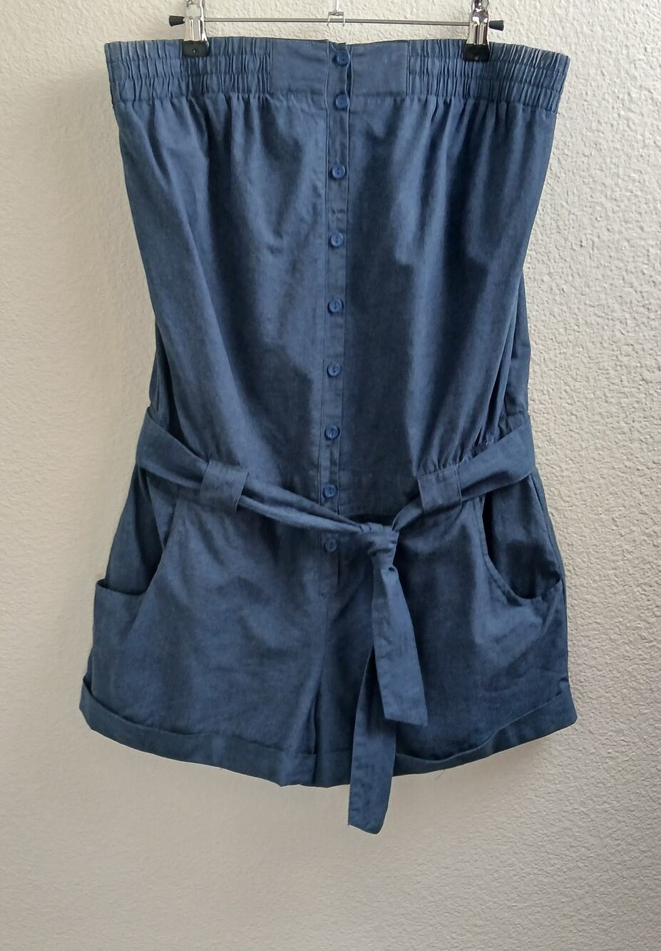 Mossimo strapless chambray romper M dark blue cotton waist tie shorts buttons
